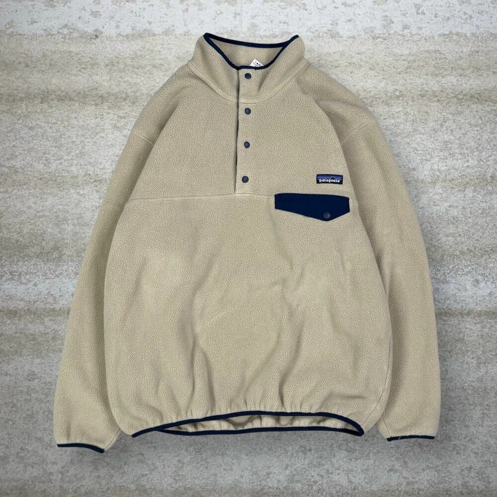 Vintage Y2K Patagonia Synchilla Jacket Mens M Tan Navy Blue Quarter Button Up
